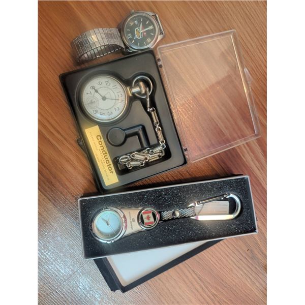 Three Watch Lot: Westclox Conductor Pocket Watch, Canadian Keychain Watch, Steel Watch