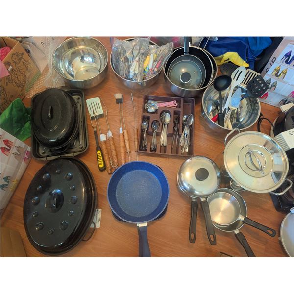 Kitchenware Lot Including Cookware, Utensils, and Flatware