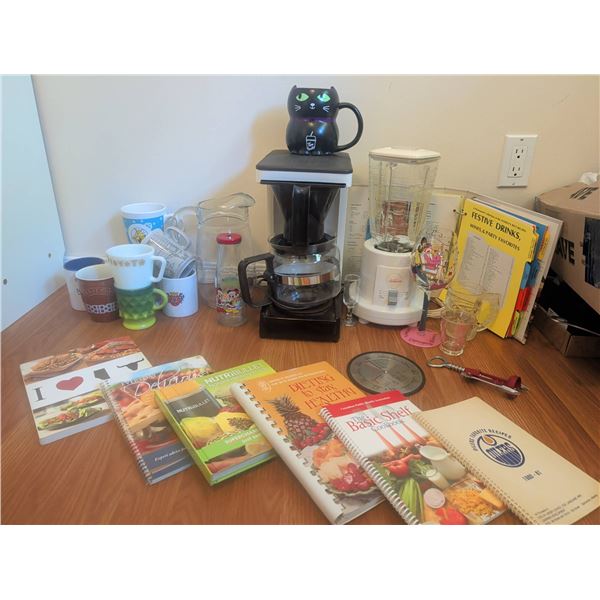 Kitchen Lot with Coffee Maker, Blender, Mugs, and Cookbooks
