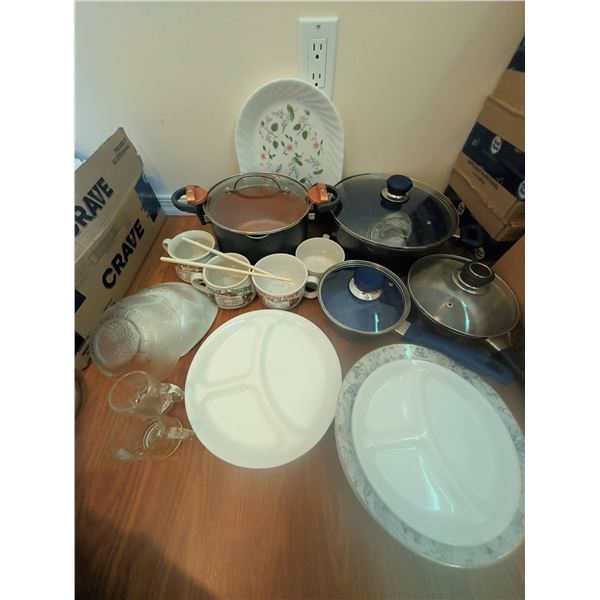 Kitchenware Lot with Cookware, Plates, and Mugs