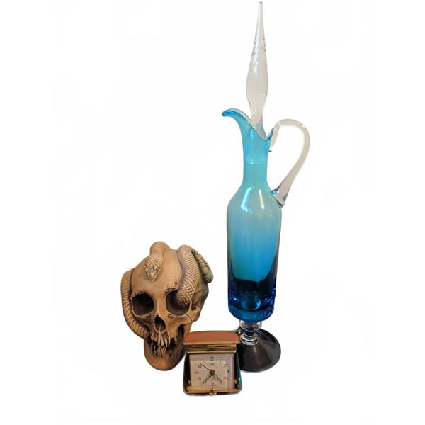 Skull with Serpent Sculpture, Elgin Alarm Clock, and Mystery Stemware Collection