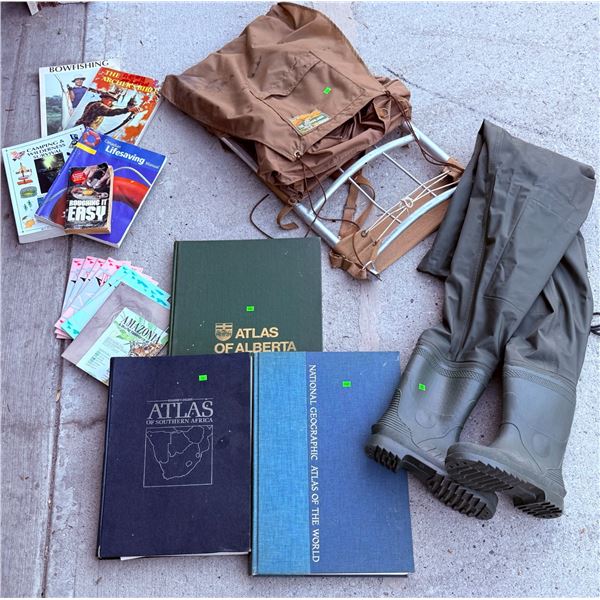 Outdoor Camping Lot with Pack, Waders, Boots, and Books