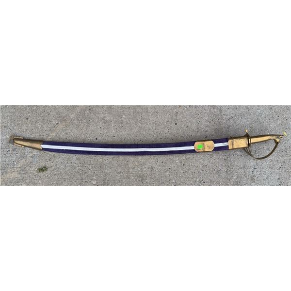 Curved Sword with Brass Guard and Blue-Striped Scabbard