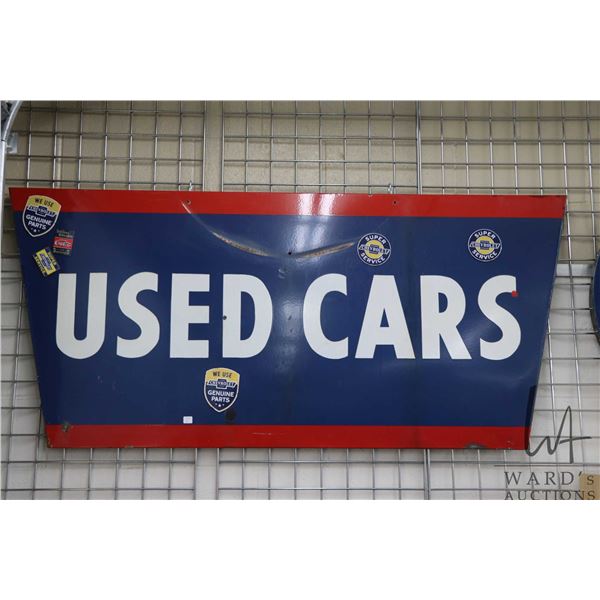 Vintage metal and porcelain sign  USED CARS  65  top length X 54  bottom length X 30  H