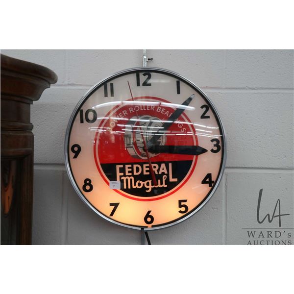 Vintage Federal Mogul Rolling Bearings illuminating electric wall clock, 16  in diameter, 4 1/2  D a