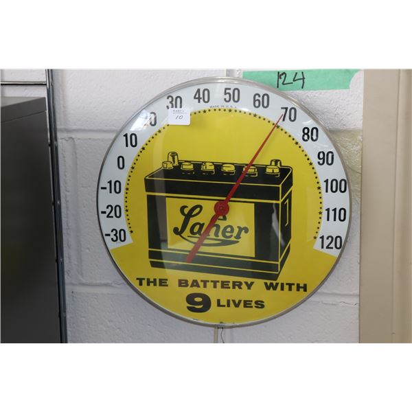 Vintage round Laher Batteries thermometer 12  in diameter