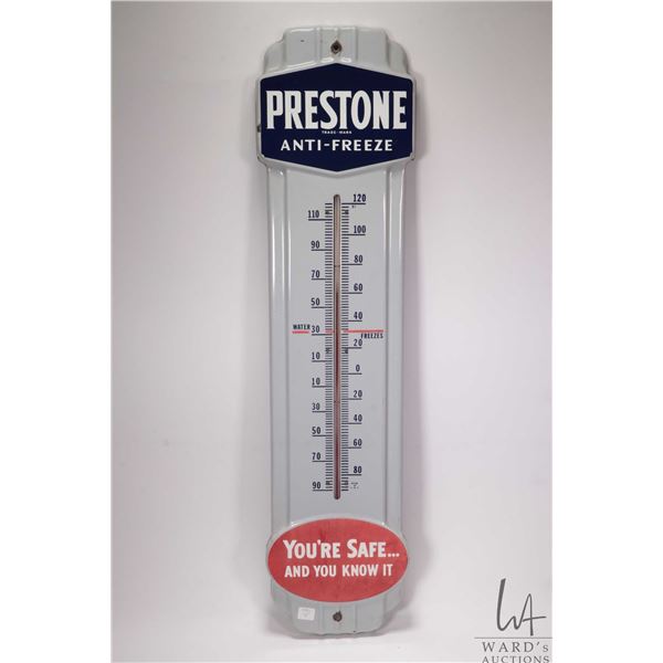 Vintage metal and porcelain Prestone Antifreeze thermometer (fahrenheit) marked Made in USA,  36  H 