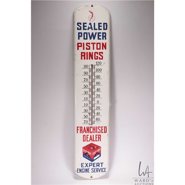 Vintage metal and porcelain Sealed Power Pistol Rings thermometer ( fahrenheit) marked Made in USA, 