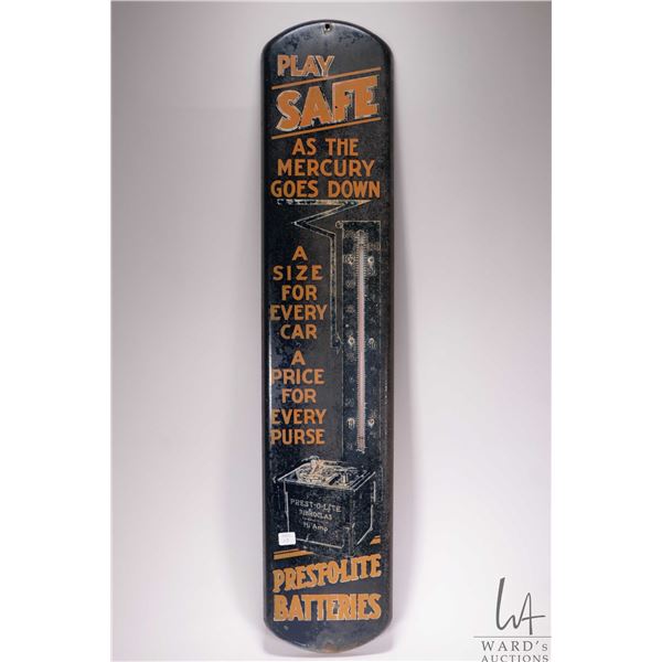Vintage metal and porcelain Prest-o-lite Batteries advertising thermometer ( fahrenheit) 38 1/2  H X