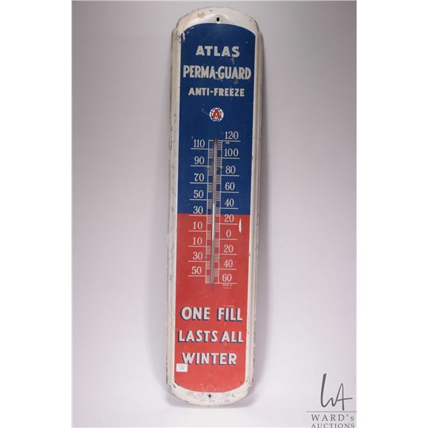 Vintage metal and porcelain Atlas Thermo-guard anti-freeze advertising sign, 36  H X 8  W