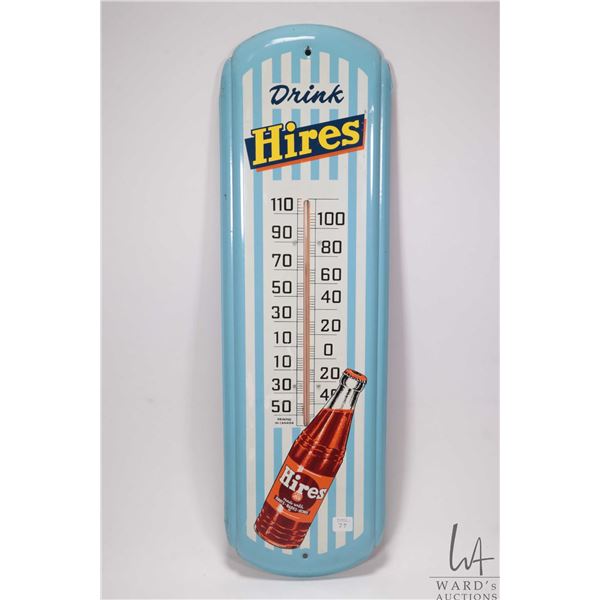 Vintage metal and porcelain Drink Hires thermometer (fahrenheit) marked Printed in Canada  27  H X 8