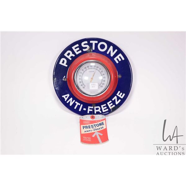 Vintage metal and porcelain Prestone Anti-freeze thermometer (fahrenheit) with paper Prestone oil ca