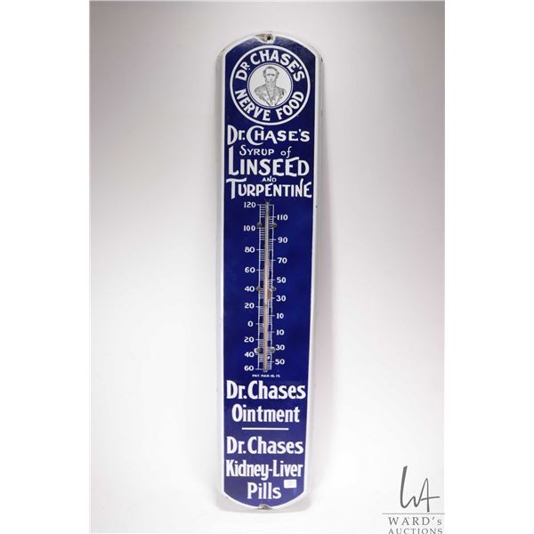 Vintage metal and porcelain "Dr. Chases Linseed and Turpentine" wall mount thermometer, 39" tall x 8
