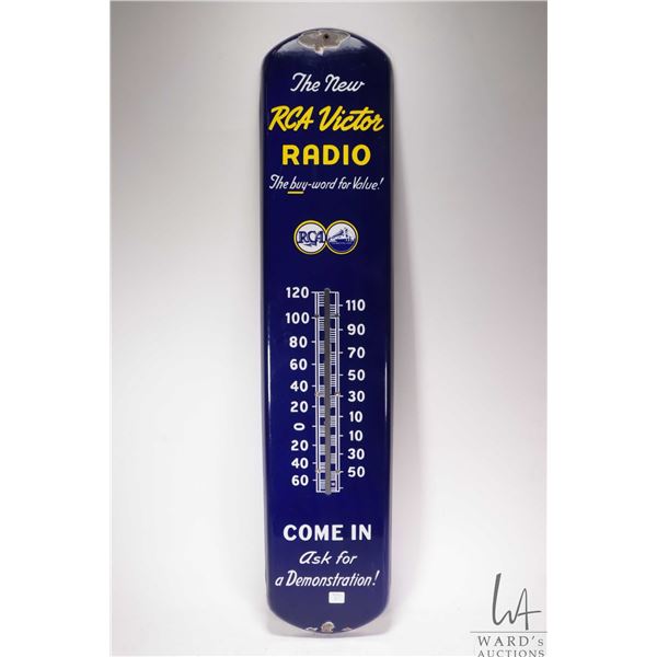 Vintage metal and porcelain "RCA Victor Radio" wall mount thermometer 39" tall x 8-1/4" wide