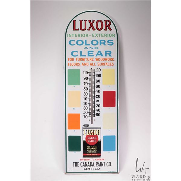 Vintage metal and porcelain "Luxor Paints" wall mount thermometer, 30" tall x 10" wide