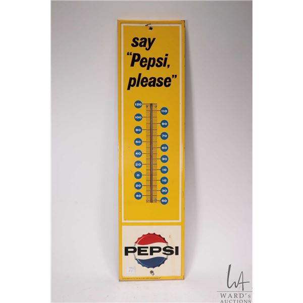 Vintage metal and porcelain "Pepsi" wall mount thermometer dated 1964, 28" tall x 7-1/4" wide