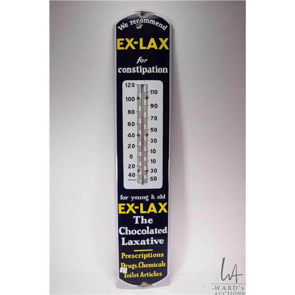 Vintage metal and porcelain "Ex-Lax" wall mount thermometer 39" tall x 8" wide