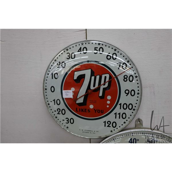 Vintage 7UP thermometer, marked T.W. O'Connell & Co. Chicago 13, ILL., 10" in diameter