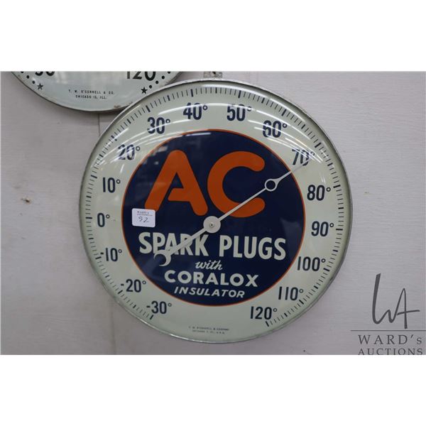 Vintage AC Spark Plugs thermometer marked T.W. O'Connell & Co. Chicago 7, ILL., 12" in diameter