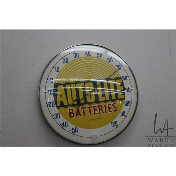 Vintage Auto-Lite Batteries thermometer, marked Assocated Advertising Weston Ontario, 16" in diamete