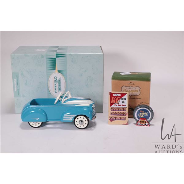 Hallmark Kiddie Car Garage roadside billboard plus two metal service station signs and a Steelcraft 