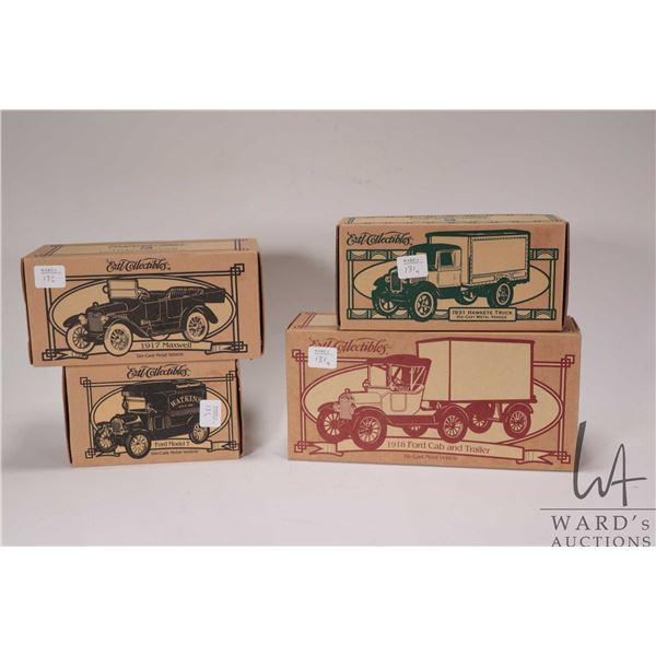 Four Ertl collectible die cast banks including 1931 Hawkeye Truck, 1917 Maxwell, Ford Model T and a 