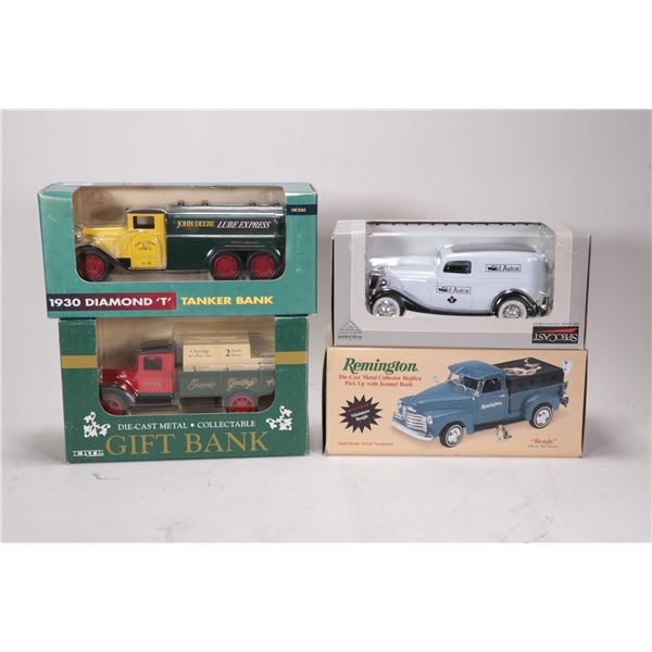 3 collectible Ertl car themed banks including John Deer tanker, Seasons Greetings flat deck truck, R