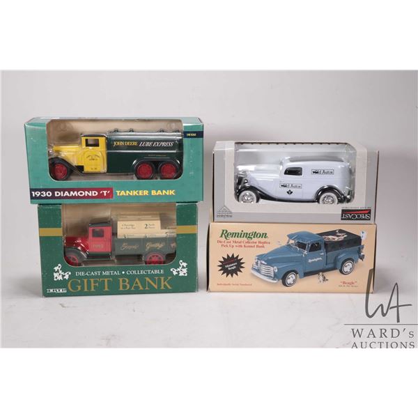 3 collectible Ertl car themed banks including John Deer tanker, Seasons Greetings flat deck truck, R