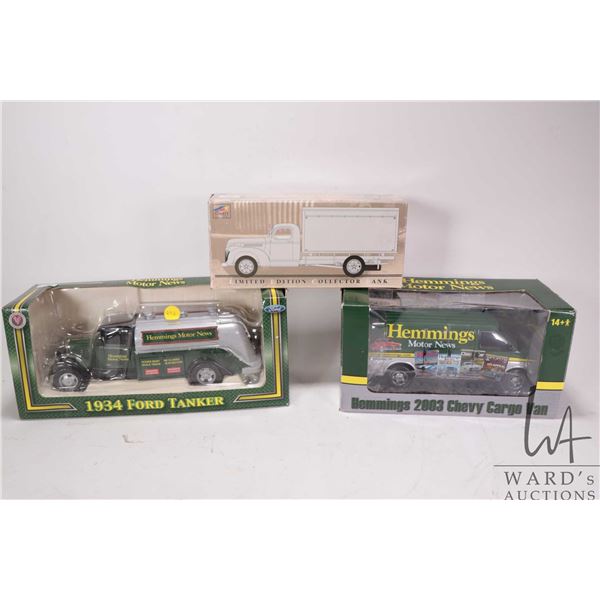 3 Hemmings Motor News die cast collectable vehicles including 1942 Chevrolet van box bank, 1934 Ford