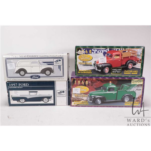 2 1:25 scale Ertl die-cast 1940 Ford trucks including Wrecker and Pickup, plus 2 Liberty car banks i