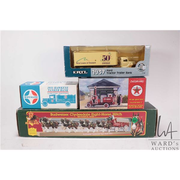 4 collectible Ertl banks including Budweiser horse and wagon, 1937 50th anniversary Ford Tractor Tra