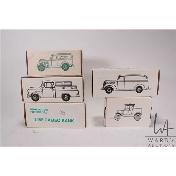 5 Collectible Ertl banks including Kralinator Filters 1955 Cameo, 1955 Chevrolet pickup, 1918 Runabo