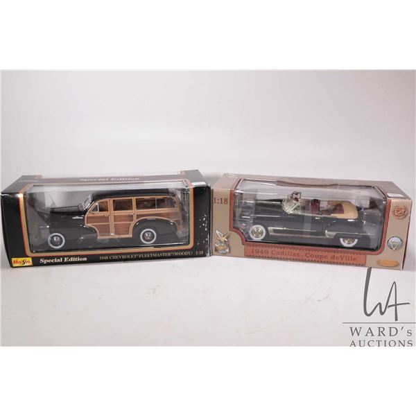 2 1:18 scale collectible die cast cars including Maisto 1948 Chevrolet Fleetmaster Woody and a Road 
