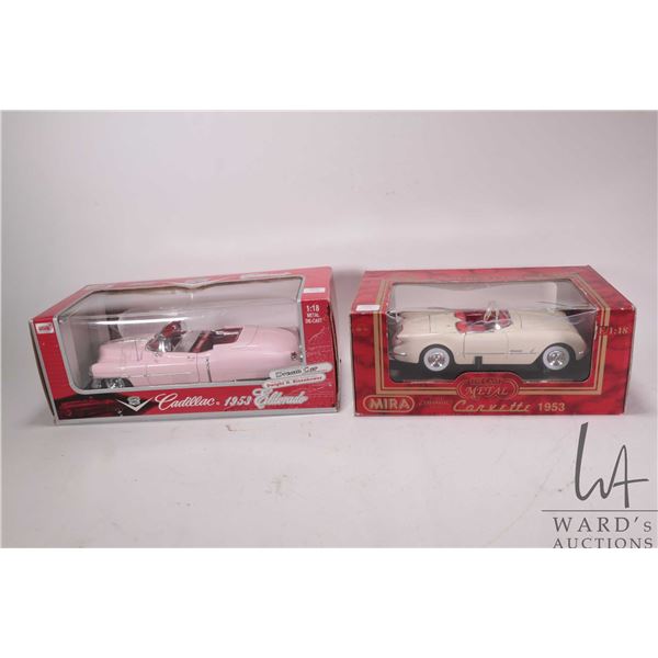 2 1:18 scale collectible die cast cars including Mira 1953 Chevrolet Corvette and an Anson 1953 Cadi