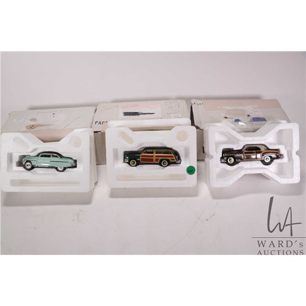 3 1:43 scale Franklin Mint die cast collectible cars including 1950 Ford Woody, 1950 Chrysler Town a