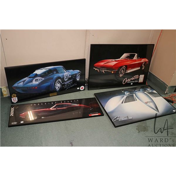 4 framed Corvette photographic prints including a blue mid 60's Corvette picture signed by Dick Guld