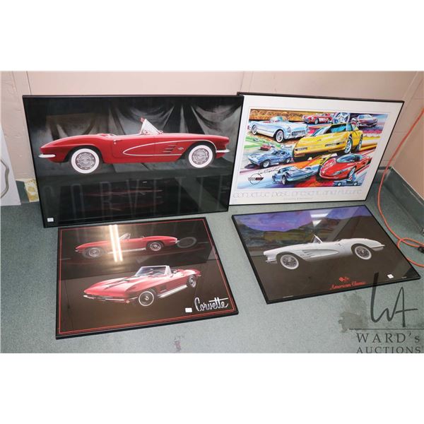 4 framed Corvette prints including "Corvette: Past, Present, and Future" poster signed by Dick Guldt