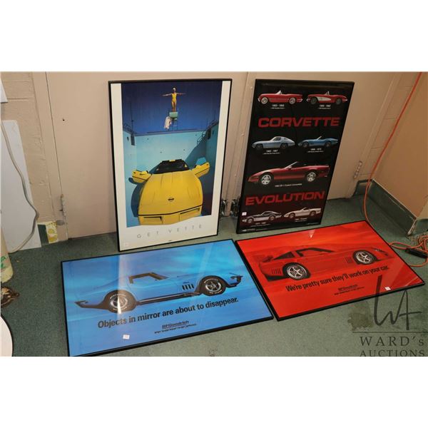 4 framed Corvette posters including "Corvette Evolution 1953-1990", all approx 36" wide x 24" tall