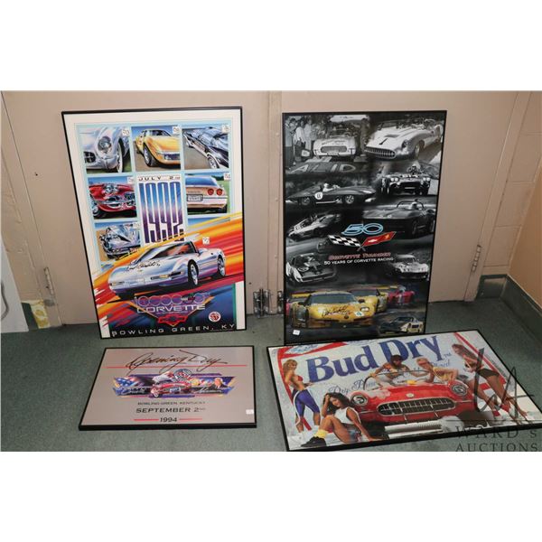 4 framed Corvette posters including "50 Years of Corvette Racing", signed by Dick Guldtsrand, and 2 