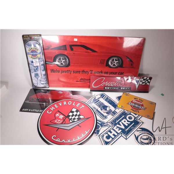 6 reproduction metal Chevy and Corvette wall signs, plus a BF Goodrich Corvette poster