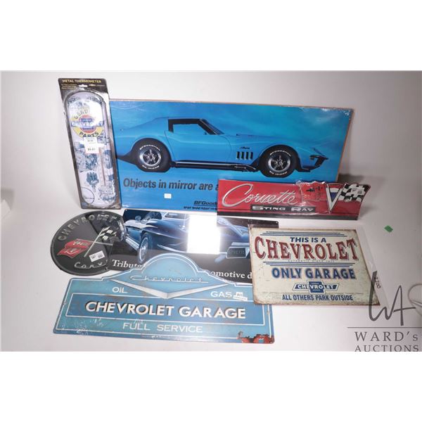 6 reproduction metal Chevy and Corvette wall signs, plus a BF Goodrich Corvette poster