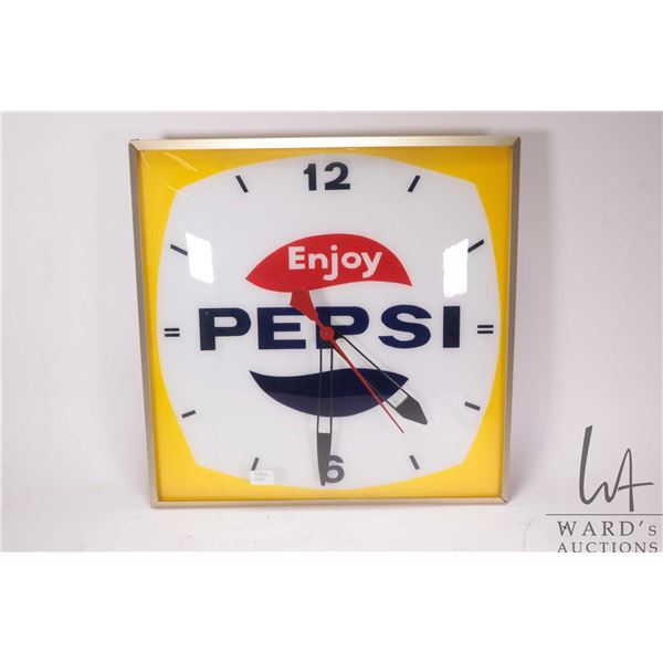 Vintage Pepsi clock with glass face, lightup back, working at time of cataloguing, 15-1/4" square