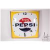 Image 1 : Vintage Pepsi clock with glass face, lightup back, working at time of cataloguing, 15-1/4" square