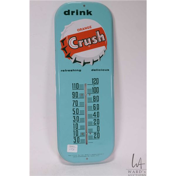 Vintage metal and porcelain "Orange Crush" wall mount thermometer, 16" tall x 6" wide