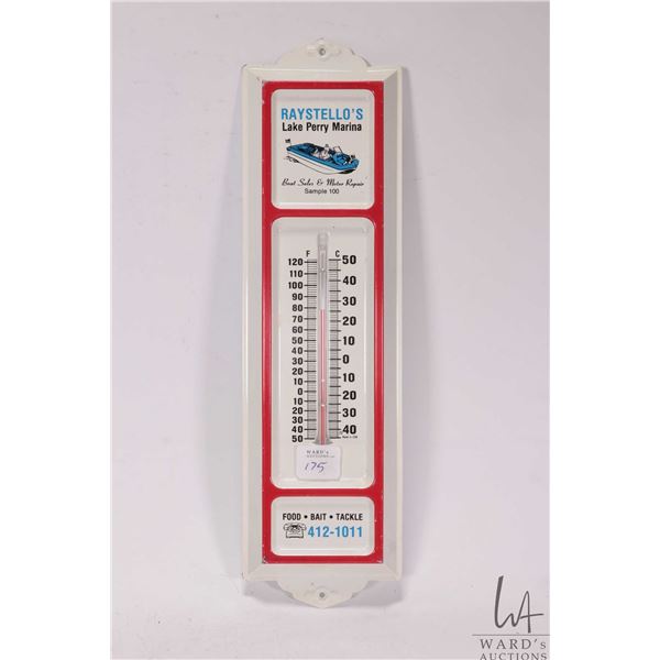 Vintage metal "Raystello's Lake Perry Marina" wall mount thermometer, 13" tall by 4" wide
