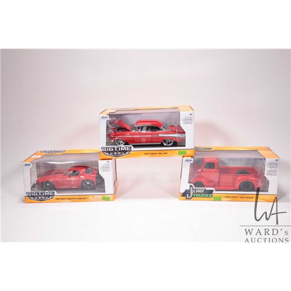 3 1:24 scale Jada die cast miniature model cars including 1963 Corvette, 1957 Chevrolet Belair, and 