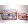 Image 1 : 2 automotive themed reproduction canvas wrapped trunks, largest measures 23" wide x 14" long x 13" t