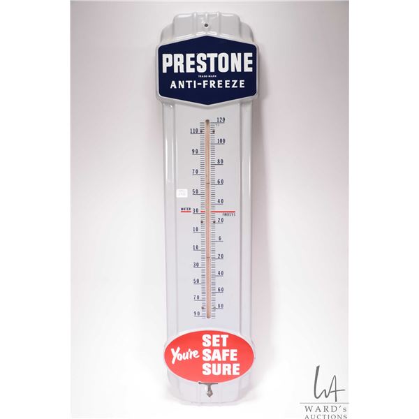 Vintage metal and porcelain "Prestone" wall mount thermometer, 36-1/4" x 9"