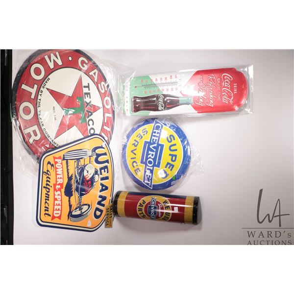 5 reproduction metal wall signs and thermometers, various themes and sizes