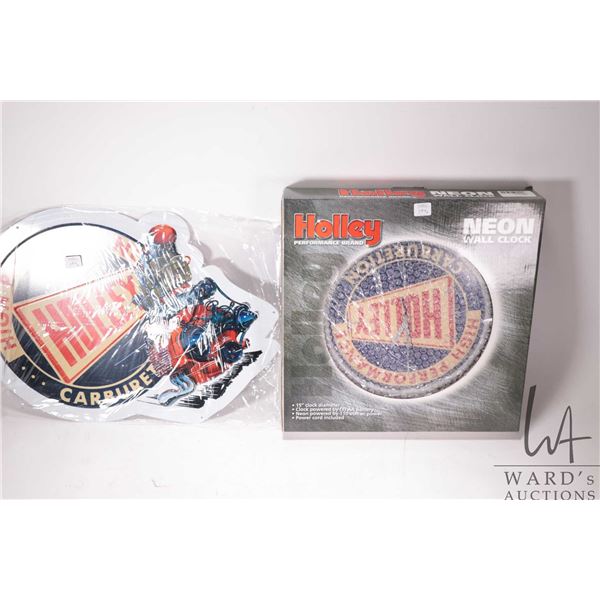 Holley Performance neon wall clock and a Holley Carburetors metal wall sign